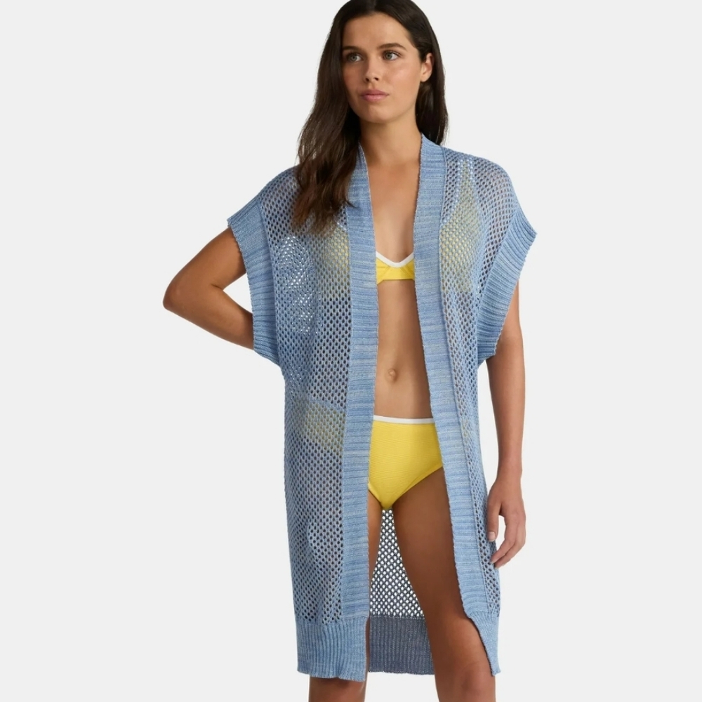 Time & Tru Marled Blue Open Knit Crochet Ruana XXL-XXXL Sunwashed NWT